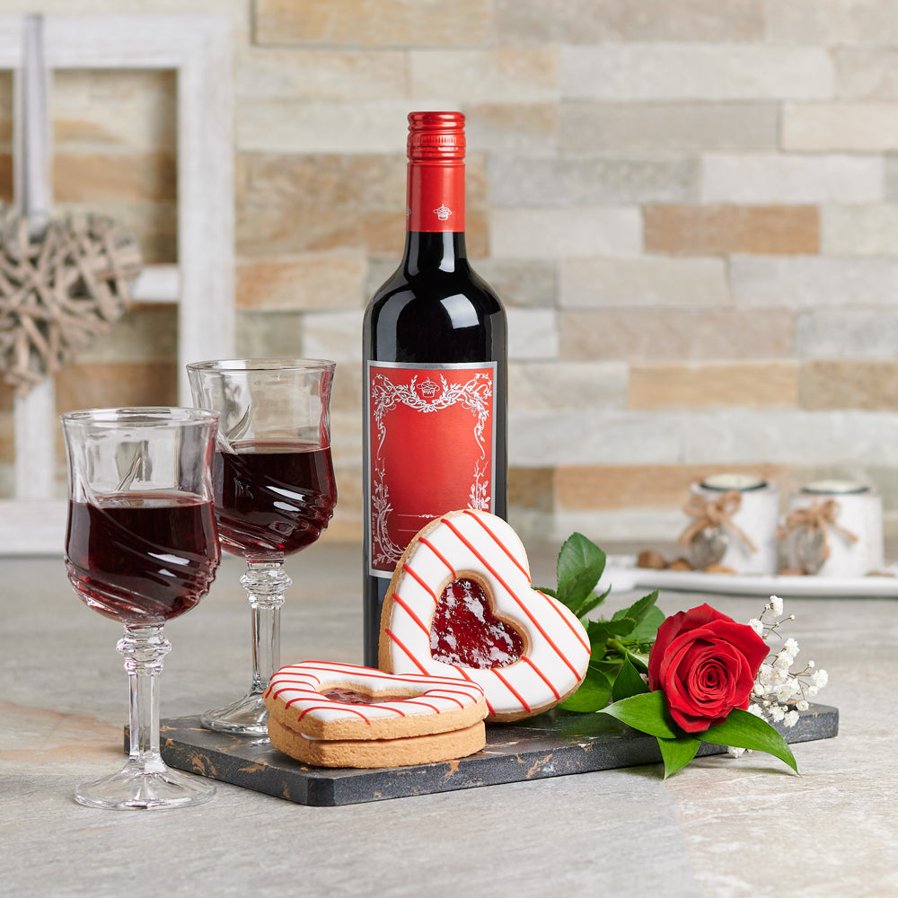 Romantic Red Wine, Roses &amp; Cookies, Valentine's Day gifts, cookie gifts, wine gifts, rose gifts