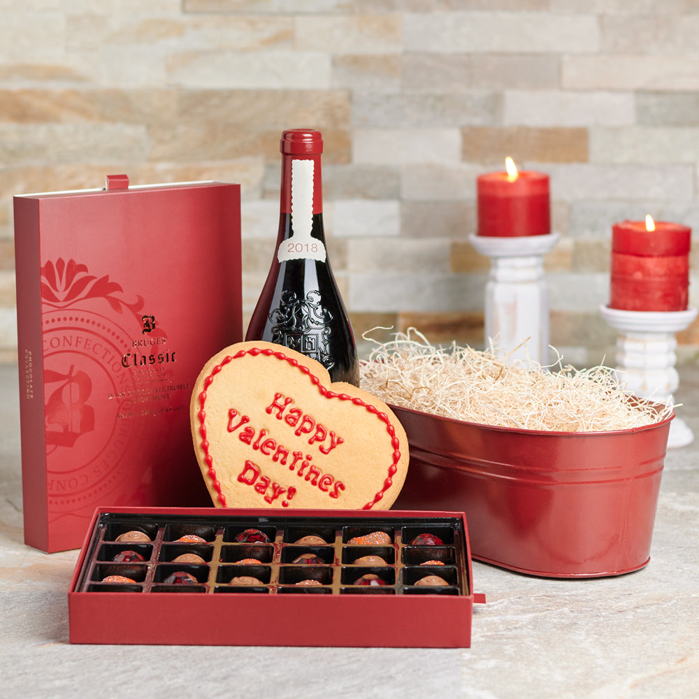 Wine &amp; Valentine’s Day Treats Gift Set, Valentine's Day gifts, chocolate gifts, wine gifts