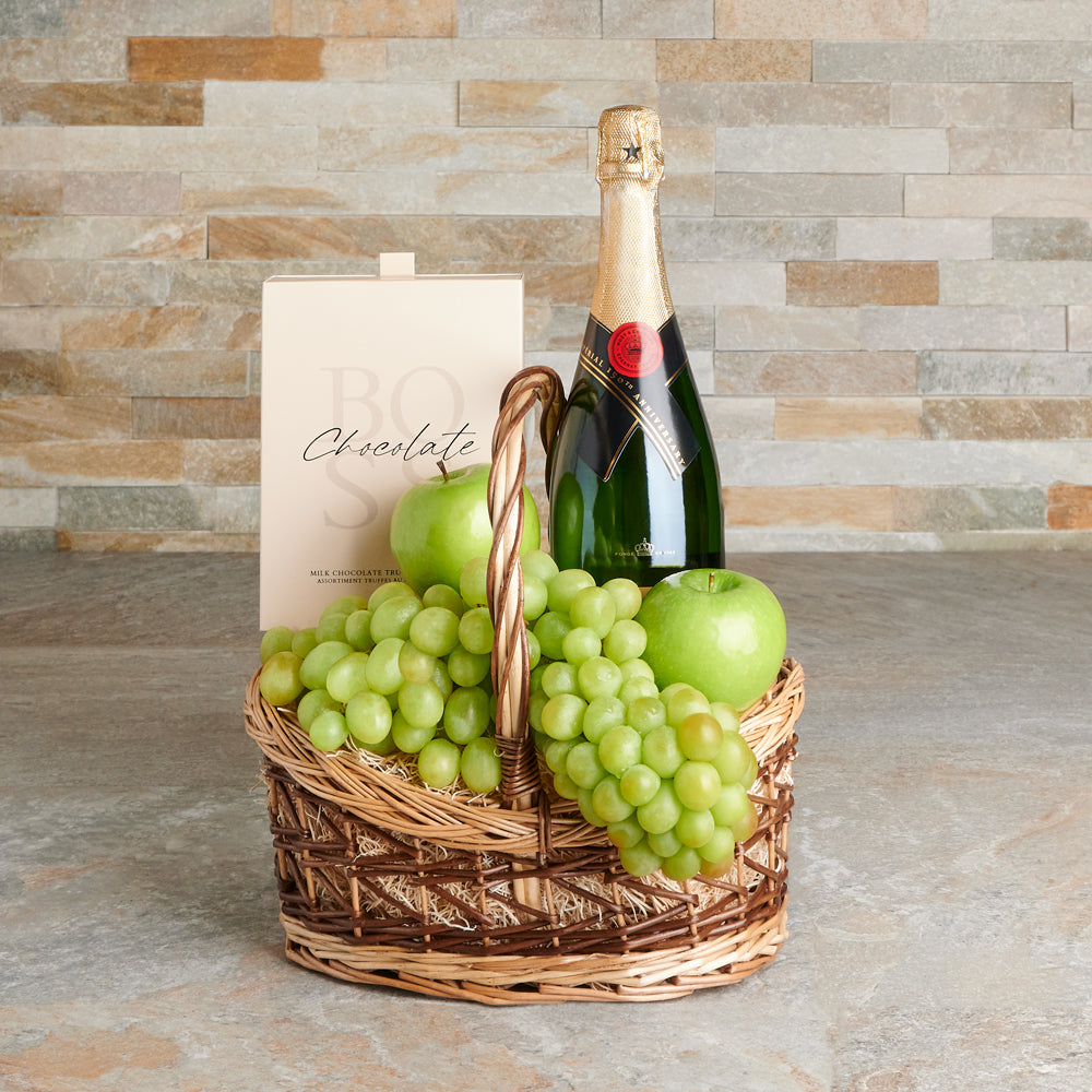 Rustic Fruit &amp; Champagne Basket, champagne, champagne gift, fruit gift, fruit, chocolate, chocolate gift