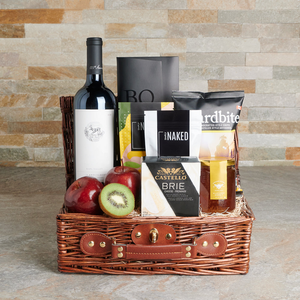 Deluxe Gourmet Snack &amp; Wine Gift Basket, gourmet gift, gourmet, wine gift, wine, fruit gift, fruit