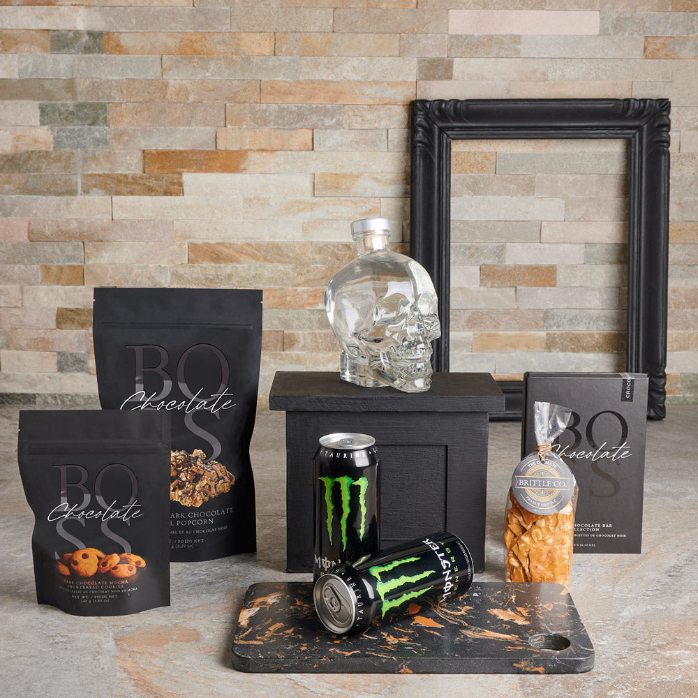 The Exhilarating Liquor &amp; Treat Gift, liquor gift, liquor, energy drink gift, energy drinks, chocolate gift, chocolates