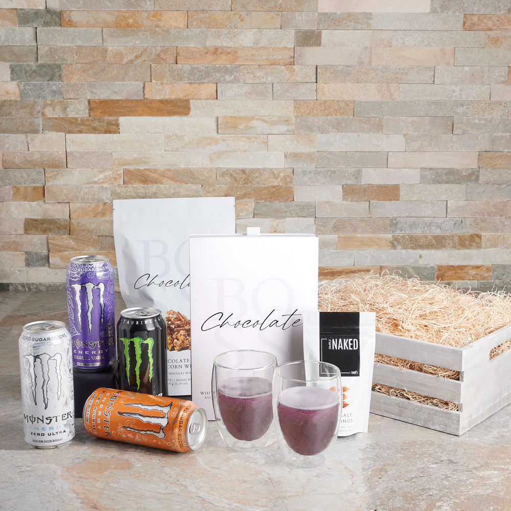 Charged Drink &amp; Chocolate Crate, energy drink gift, energy drinks, monster energy drink gift, gourmet gift, chocolate gift