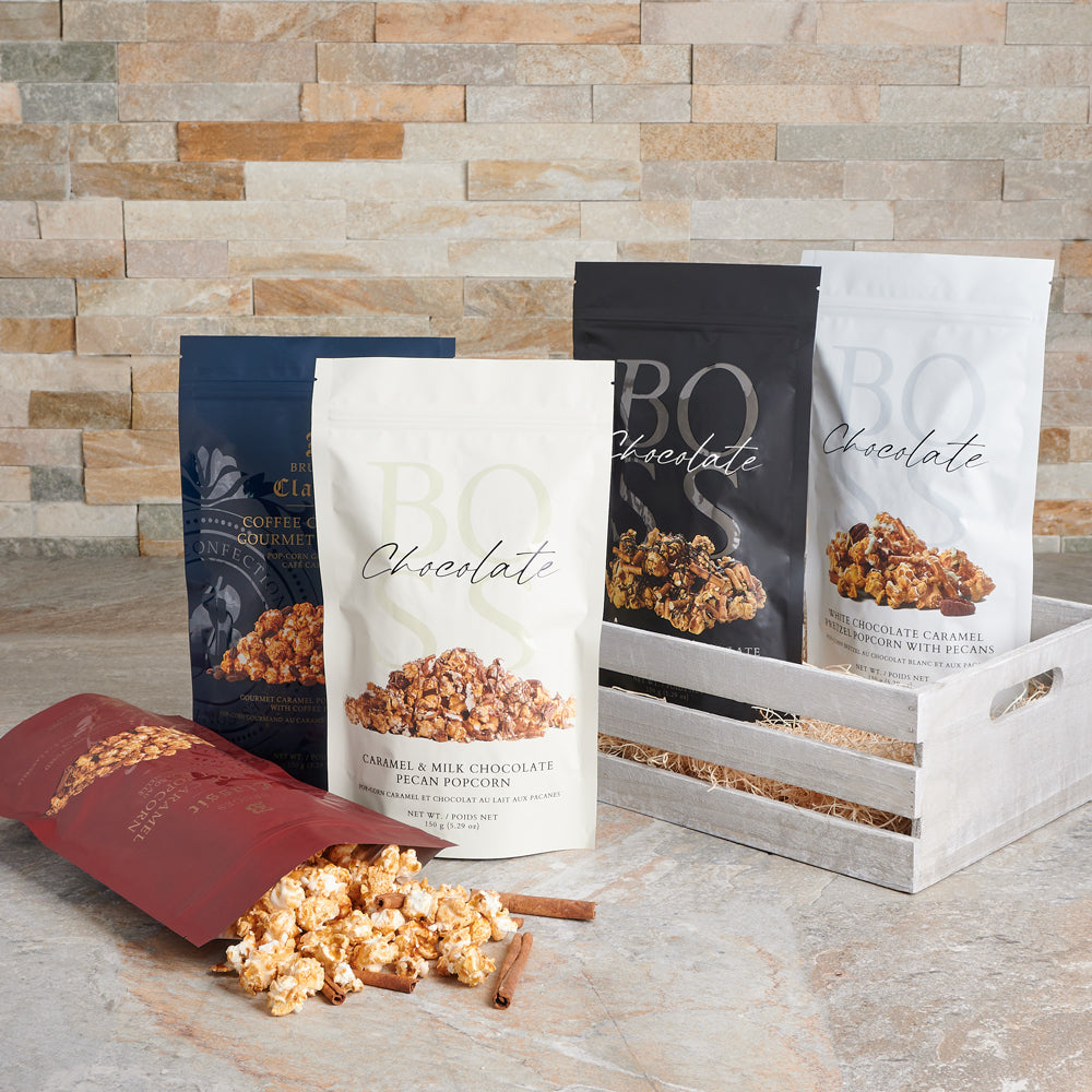 The Sweet Crunch Popcorn Gift Crate, popcorn gift, popcorn, caramel popcorn, caramel corn, gourmet gift, gourmet