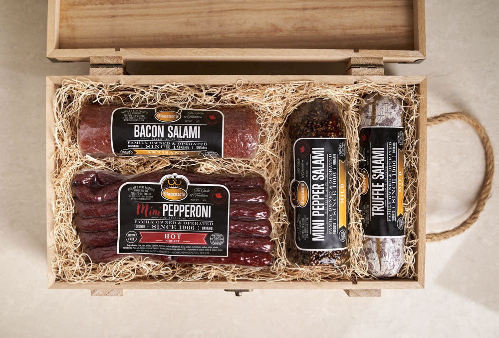 Rustic Wooden Box Salami Gift Basket – how the gift is presented