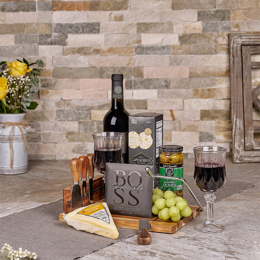 Kosher Wine & Cheese Platter, kosher gift, kosher, wine gift, wine, chocolate gift, chocolate, cheese gift, cheese, fruit gift, fruit