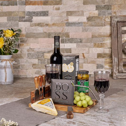 Kosher Wine & Cheese Platter, kosher gift, kosher, wine gift, wine, chocolate gift, chocolate, cheese gift, cheese, fruit gift, fruit