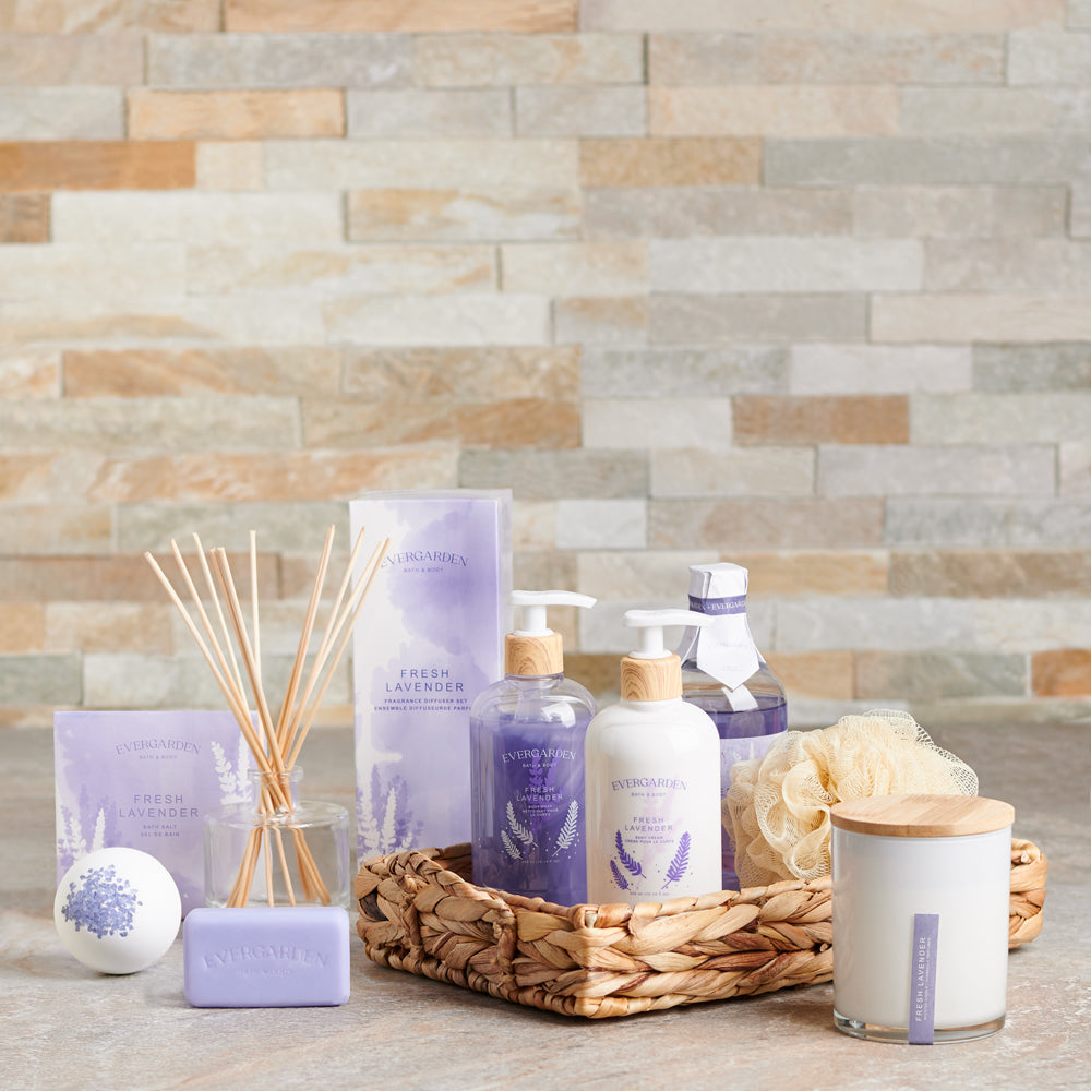 Gentle Lavender Embrace Spa Gift Set, candle,  body,  bath,  spa tray,  tray,  lavender,  bath and body,  Set 24066-2021, lavender spa gift delivery