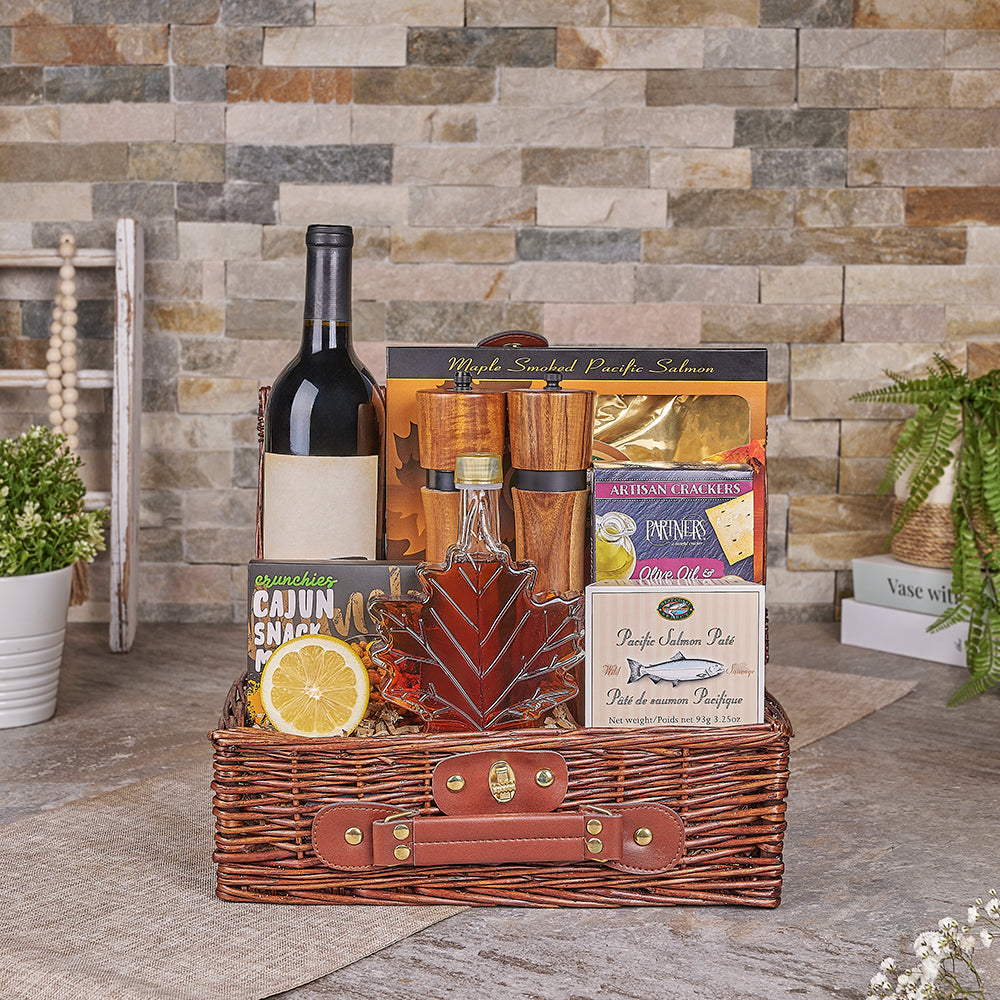 Maple Salmon &amp; Wine Gift Basket, wine gift, wine, seafood gift, seafood, Canada delivery