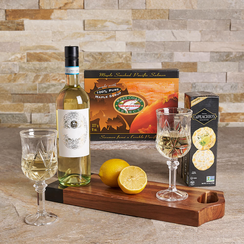 Seaside Pairing Wine & Gourmet Gift Board, wine gift, wine, salmon gift, salmon, seafood gift, seafood, gourmet gift, gourmet