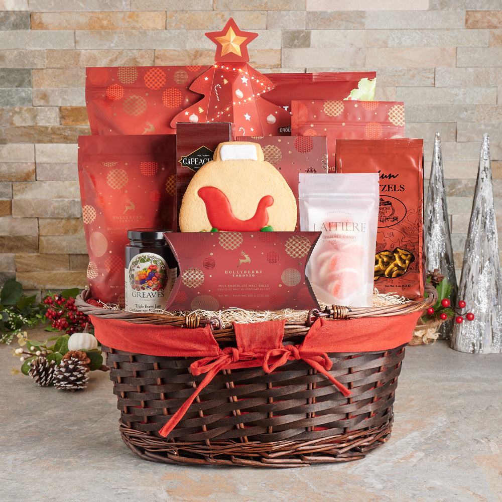 St. Nick's Tale of Treats Christmas Gift Basket, chocolate cranberry,  Chocolate,  candy,  pretzels,  jam,  beet chips,  cookies,  Gift Basket,  popcorn,  christmas gift basket delivery, delivery christmas gift basket