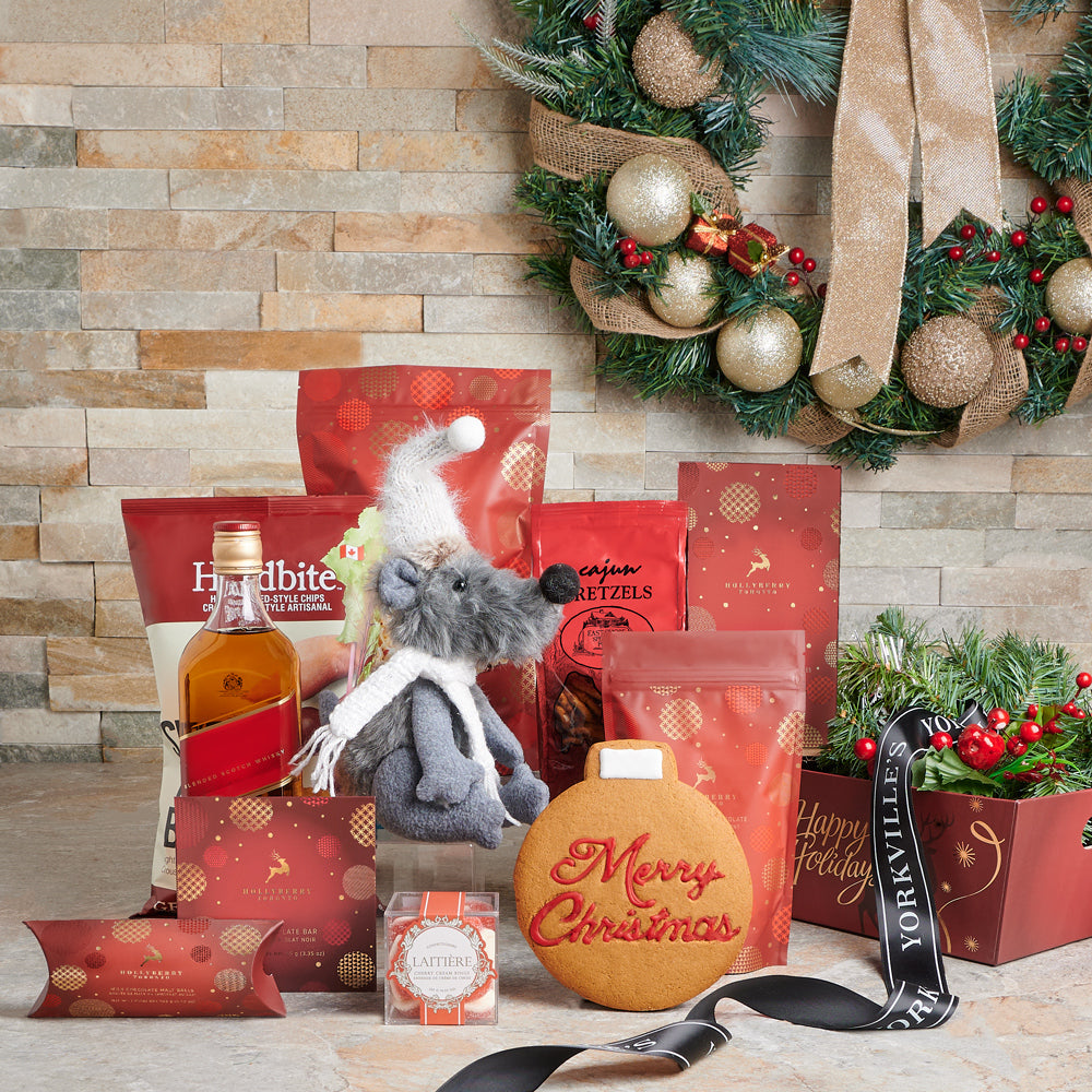 Winter Spirits & Sweets Holiday Gift Basket, christmas,  Christmas Gift Baskets,  christmas tray,  tray,  popcorn,  cookies,  pretzels,  Chocolate,  candy,  Liquor Gift Basket,  Liquor,  spirits, liquor gift basket delivery, delivery liquor gift basket