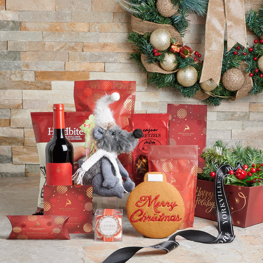An Evergreen Christmas Gift Basket with Wine, cookies,  christmas tray,  tray,  popcorn,  Chocolate,  chips,  candy,  christmas,  Christmas Gift Baskets,  Wine Gift Basket,  wine,  wine gift tray delivery, delivery wine gift tray