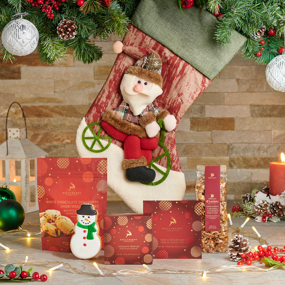 Santa Stocking &amp; Snacks Gift Set, Christmas Gift Baskets, Gourmet Gift Baskets, Christmas Stockings, Xmas Gifts, Chocolates, Cookies, Popcorn