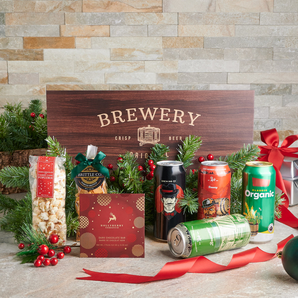 Festive Christmas Beer &amp; Treats Box, Beer Gift Baskets, Christmas Gift Baskets, Gourmet Gift Baskets, Beer, Chocolate, Popcorn