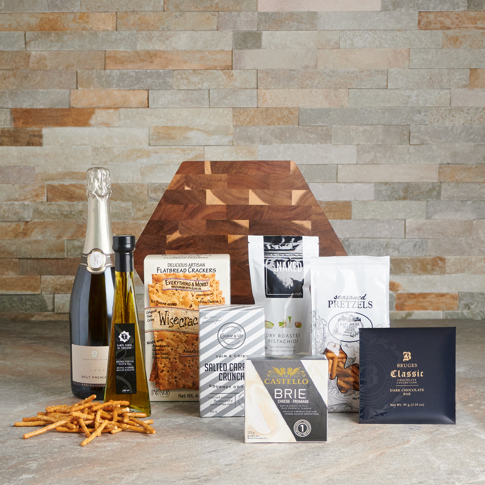 wine gift baskets,  The Perfect Weekend Gift Set,  sparkling wine,  pretzels,  pistachio,  nuts,  gift baskets,  dark chocolate,  crackers,  chocolate,  cheese,  brie,  baskets, the perfect weekend gift set, gourmet gift set, wine gift set