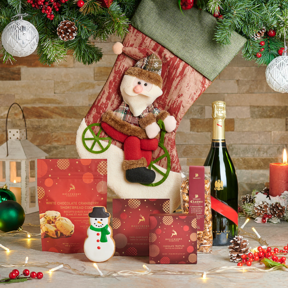 Santa Stocking &amp; Sweets Champagne Gift Set, gourmet gifts,  gourmet,  christmas gift set,  christmas,  cookies,  Chocolate,  popcorn,  champagne gift set,  Champagne, champagne gift set delivery, delivery champagne gift set, christmas set 