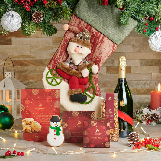 Santa Stocking & Sweets Champagne Gift Set, gourmet gifts,  gourmet,  christmas gift set,  christmas,  cookies,  Chocolate,  popcorn,  champagne gift set,  Champagne, champagne gift set delivery, delivery champagne gift set, christmas set 