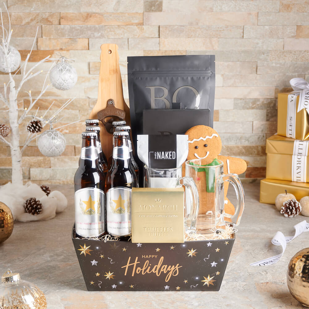 Santa’s Beer &amp; Snack Basket, christmas gift, christmas, holiday gift, holiday, gourmet gift, gourmet, chocolate gift, chocolate, beer gift, beer