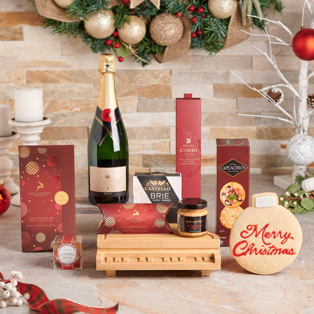 Santa's Bubbly Holiday Celebration Gift Basket, christmas gift, christmas, holiday gift, holiday, gourmet gift, gourmet, sparkling wine gift, sparkling wine, champagne gift, champagne