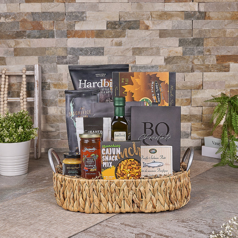 Sympathy gift basket and flowers prepared for delivery
