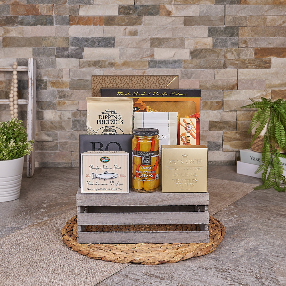 Seafood &amp; Tea Gift Crate, seafood gift, seafood, salmon gift, salmon, chocolate gift, chocolate, Canada delivery