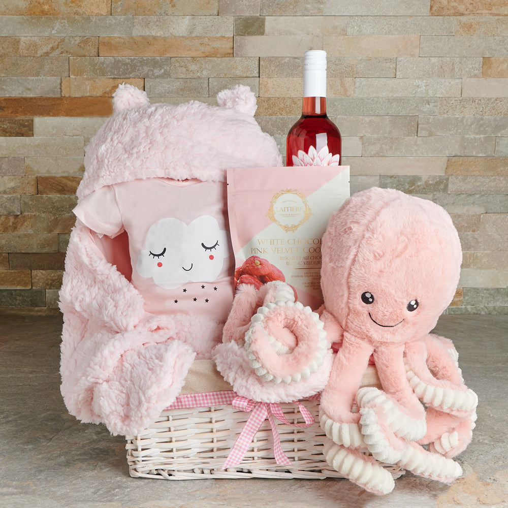 Cozy Parent &amp; Baby Girl Gift Basket, baby gift, baby, baby girl gift, baby girl, wine gift, wine, baby shower gift, baby shower