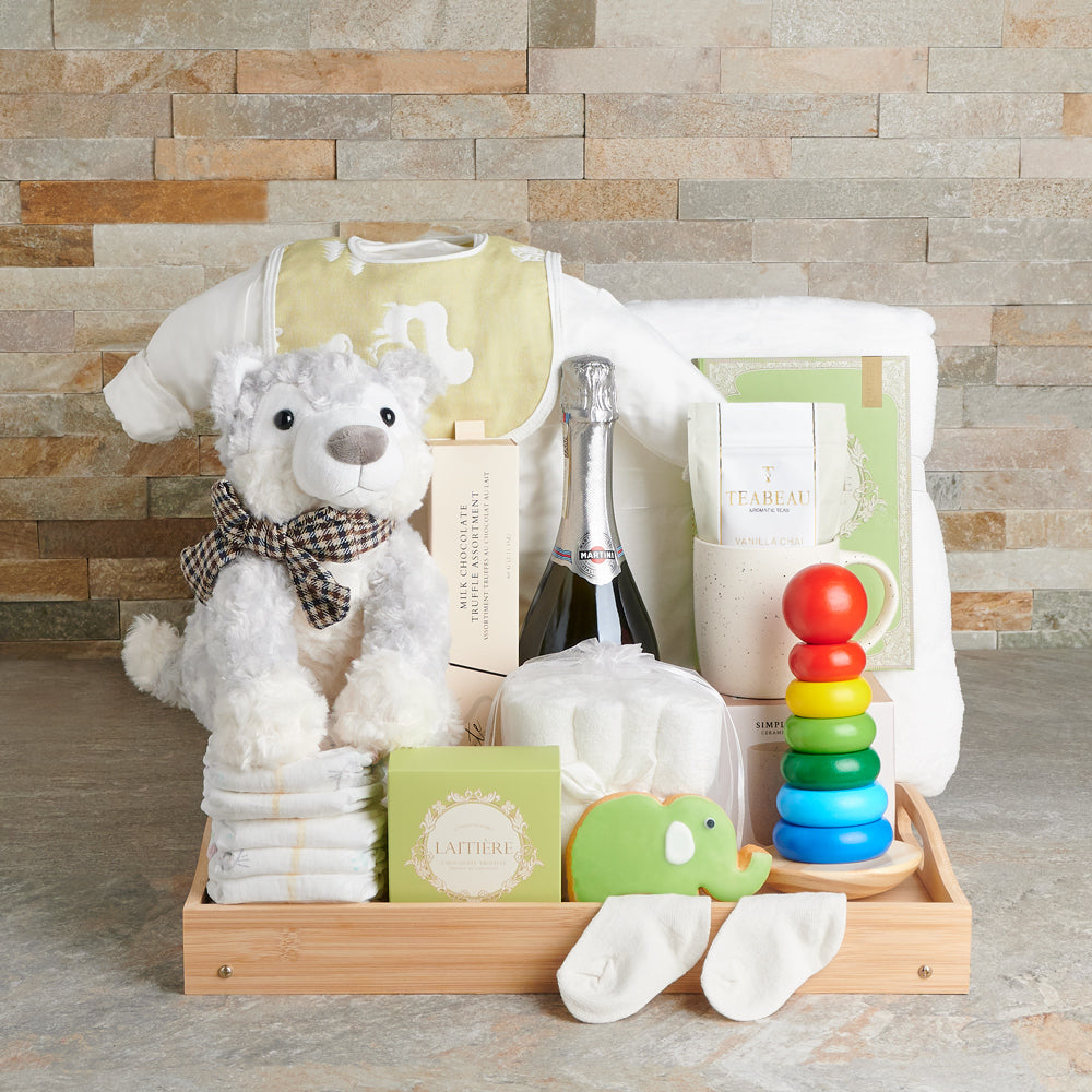 Snug Neutral Baby & Champagne Gift Tray, baby gift, baby, baby shower gift, baby shower, sparkling wine gift, sparkling wine, champagne gift, champagne