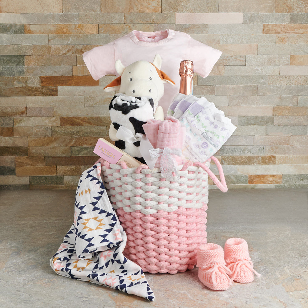 Soft &amp; Sweet Baby Girl Gift Basket, baby gift, baby, baby girl gift, baby girl, baby shower gift, baby shower, champagne gift, champagne, sparkling wine gift, sparkling wine