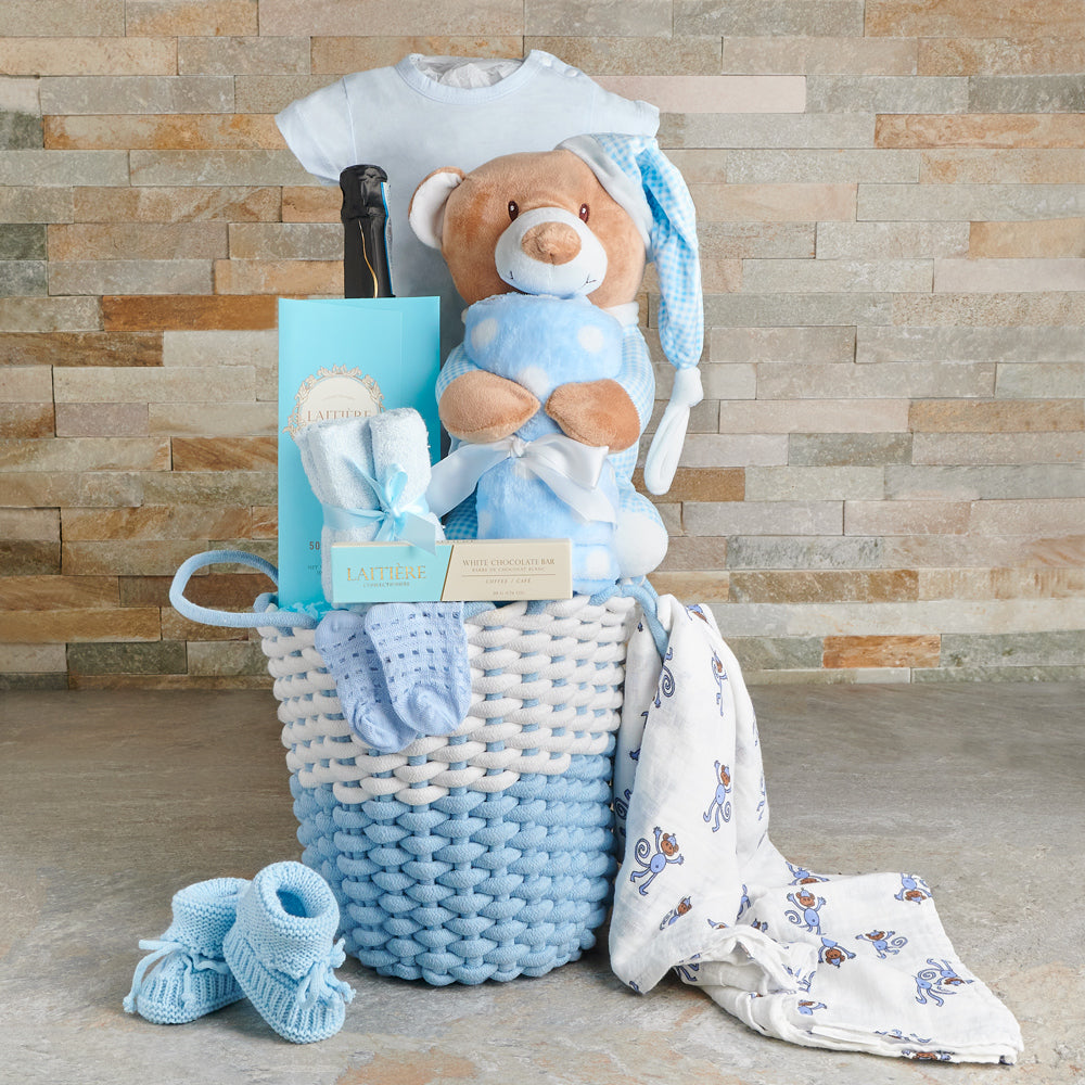 Soft &amp; Sweet Baby Boy Gift Basket, baby gift, baby, baby boy gift, baby boy, baby shower gift, baby shower, champagne gift, champagne, sparkling wine gift, sparkling wine
