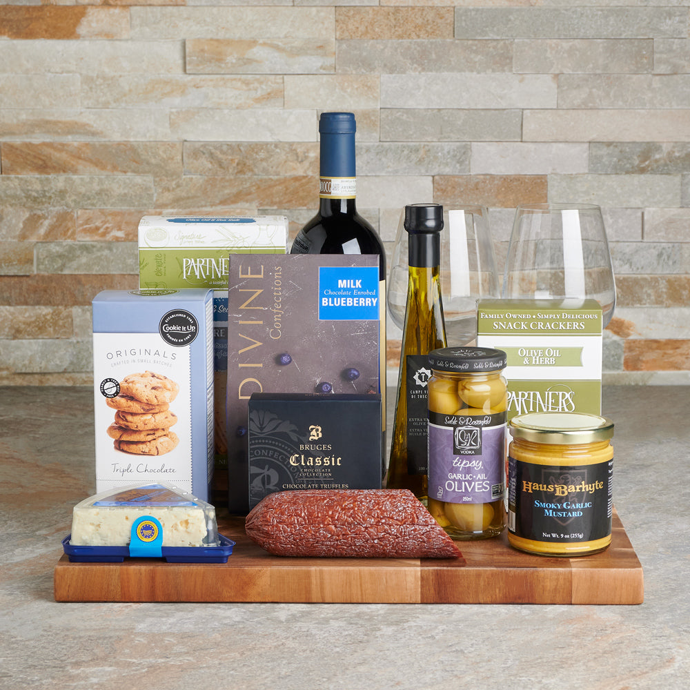 Cheese, Charcuterie &amp; Wine Rustic Gift Basket, wine gift baskets, wine baskets, baskets, gift baskets, cheese, charcuterie, salami, gourmet