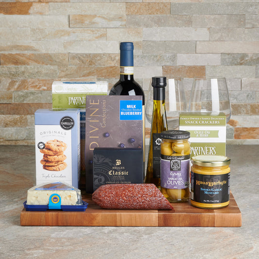 Cheese, Charcuterie & Wine Rustic Gift Basket, wine gift baskets, wine baskets, baskets, gift baskets, cheese, charcuterie, salami, gourmet