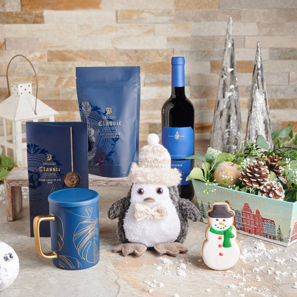 Snowman’s Wine &amp; Treats Gift Basket, holiday gift, holiday, christmas gift, christmas, wine gift, wine, gourmet gift, gourmet