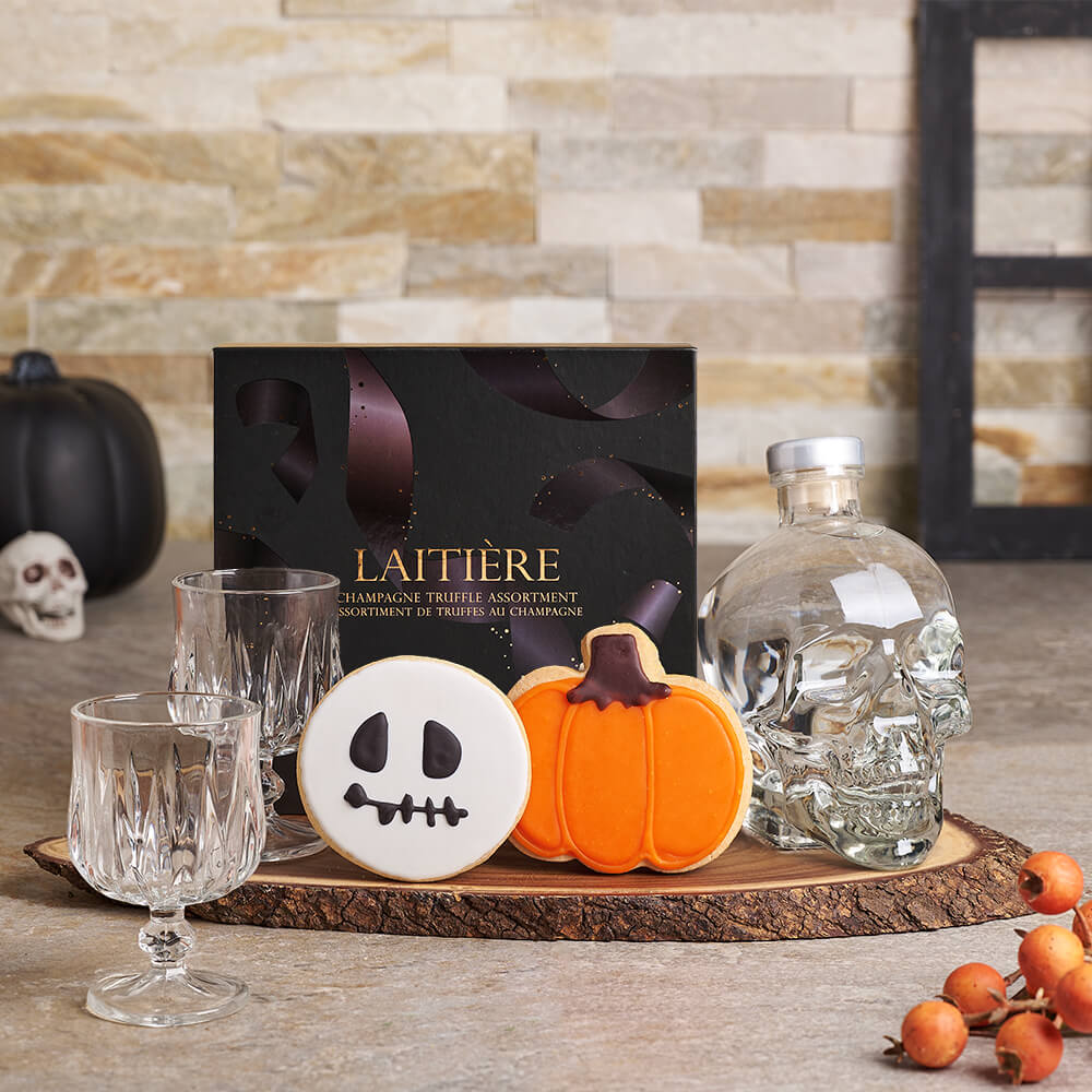 Spooky Skull Spirits &amp; Dessert Gift, liquor gift, liquor, cookie gift, cookie, crystal head vodka gift, crystal head vodka, halloween gift, halloween