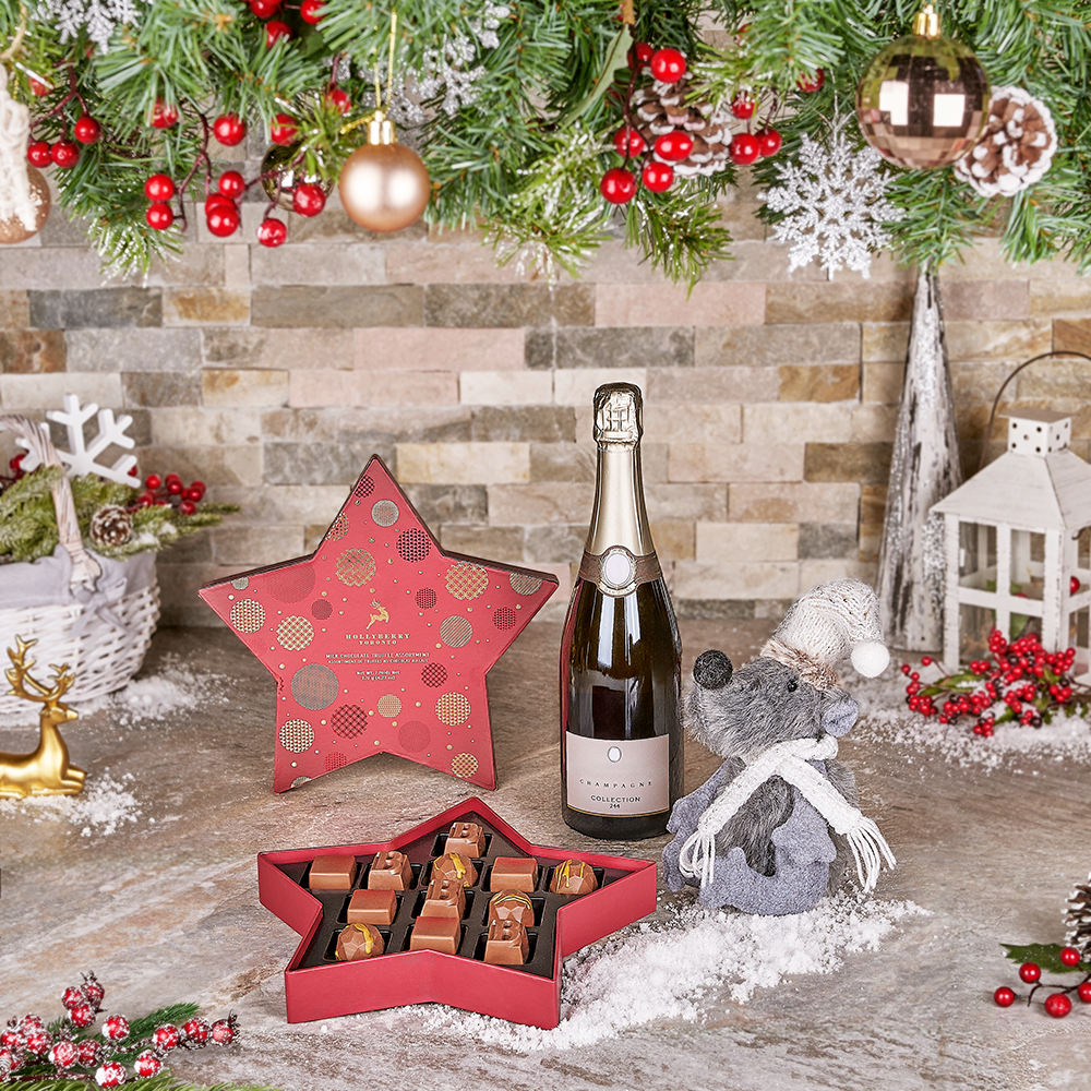 Sweets &amp; Champagne Holiday Gift Basket, christmas gift, christmas, holiday gift, holiday, chocolate gift, chocolate, champagne gift, champagne, sparkling wine gift, sparkling wine