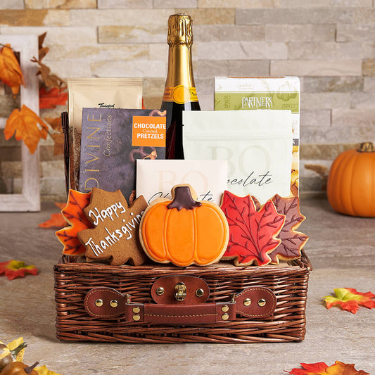 Thanksgiving Champagne & Snack Gift Basket, champagne gift, champagne, sparkling wine gift, sparkling wine, gourmet gift, gourmet, cookie gift, cookie