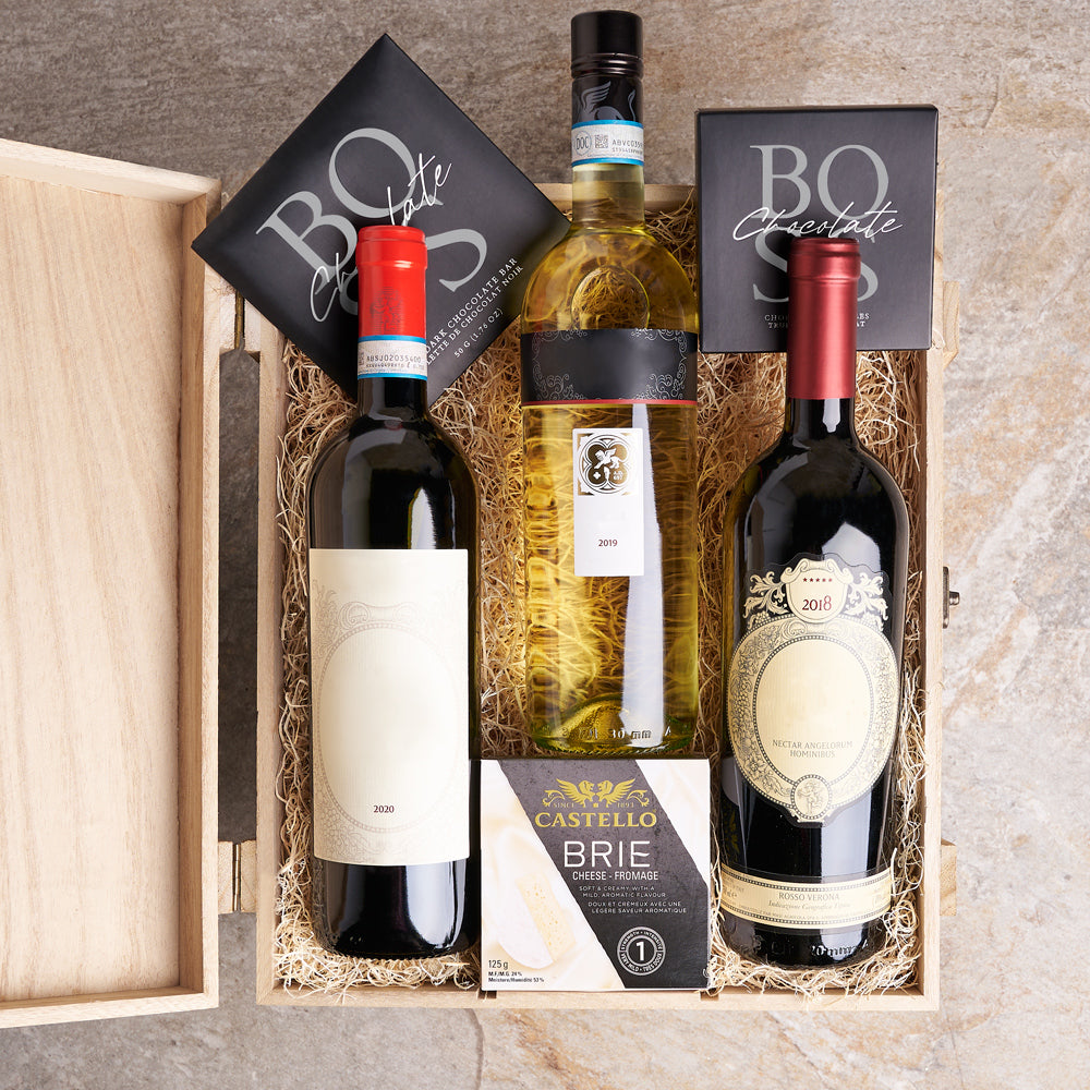 Wine Trio &amp; Snack Gift Box, wine gift, wine, wine trio, chocolate gift, chocolate, cheese gift, cheese