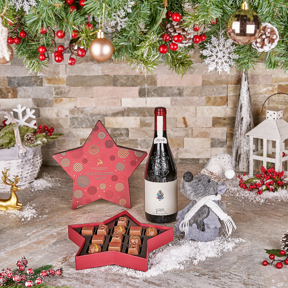 Wine &amp; Chocolate Christmas Basket, Christmas gift, Christmas, holiday gift, holiday, wine gift, wine, chocolate gift, chocolate, plush gift, plush. Set 28418-2024