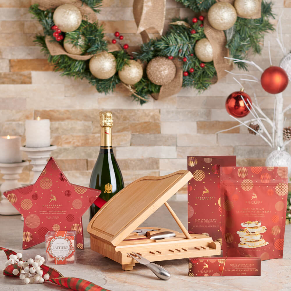 Yuletide Champagne &amp; Snack Gift Basket, christmas gift, christmas, holiday gift, holiday, gourmet gift, gourmet, sparkling wine gift, sparkling wine, champagne gift, champagne, chocolate gift, chocolate