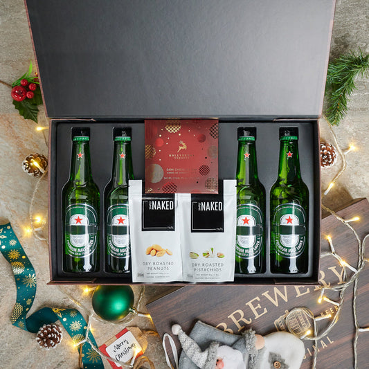 christmas beer box,  holiday,  christmas,  chocolate,  beer box,  nuts,  heineken, Festive Heineken and Snacks Box, beer christmas gift basket, beer box holiday gift basket