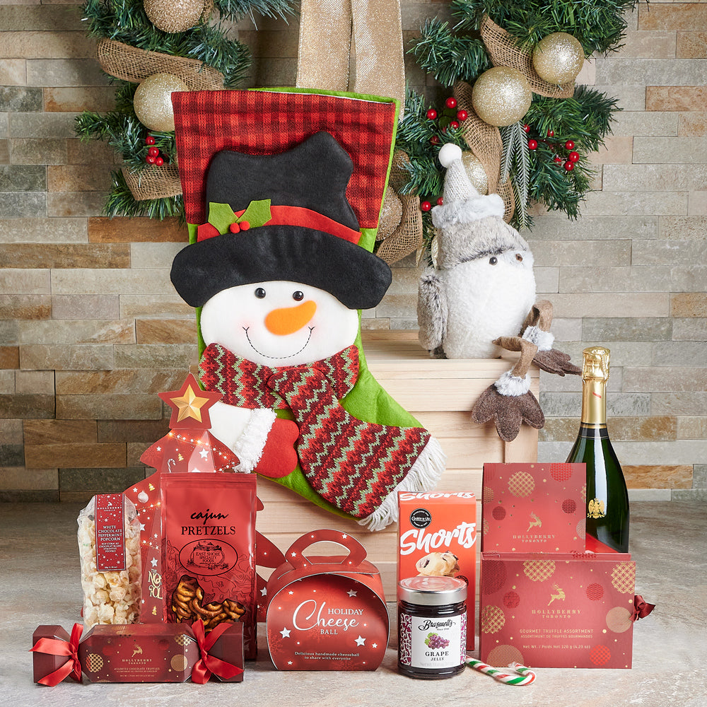 Luxe Christmas Gift Crate, Christmas Gift Crate, Christmas Champagne Gift Baskets, Chocolate Gift Baskets, Christmas Gourmet Gift Baskets, Christmas Stocking, Pretzels, Chocolates, Jam, Cheeseball, Cookies, Popcorn