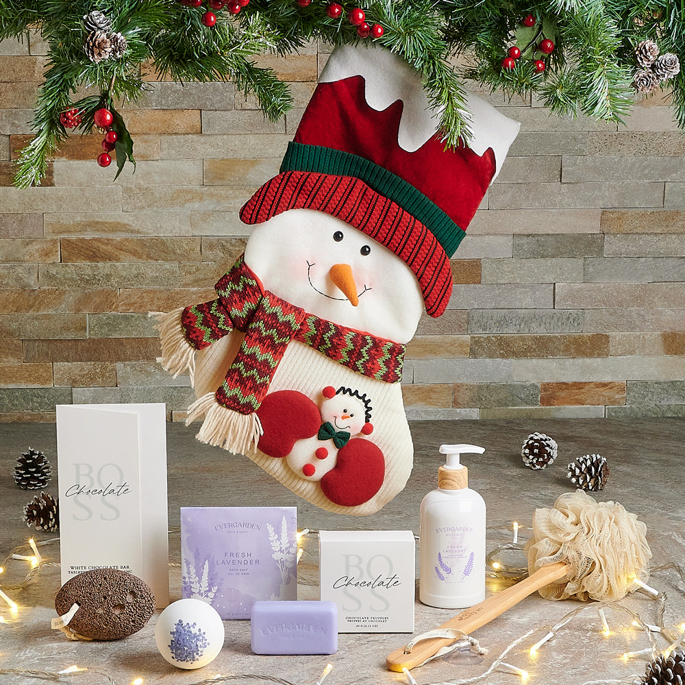 Luxury Spa Snowman Stocking Set, Christmas Spa Gift Baskets, Christmas Chocolate Gift Baskets, Christmas Stocking Gift Baskets, Soap, Hand cream, Chocolates, Spa, Xmas Gift Baskets