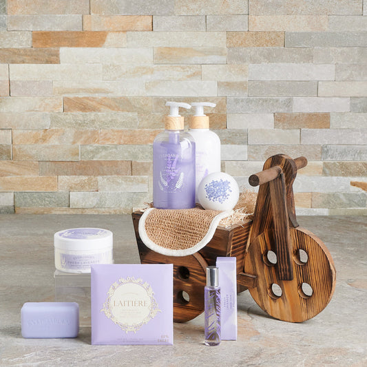 Lavender Dreams Gift Set, lavender, hand soap, hand cream, bath bomb, body butter, bar soap, soap bar, perfume, chocolate, body mitt, gift basket, wooden box, gift, delivery
