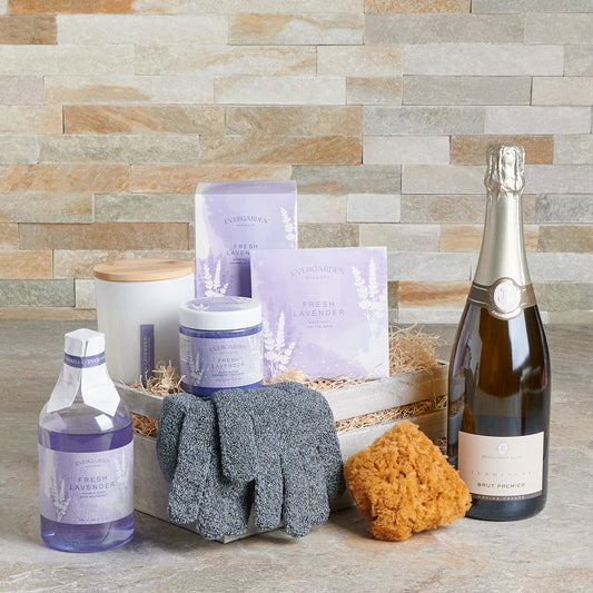 Soothing Care Spa Gift Crate, Spa Gift Baskets, Champagne Gift Baskets, Body Scrub, Bubble Bath, Sponge, Spa Gloves, Bath Salts, Candle, Champagne, Bath and Body, Spa Gift Crate, Spa Gift Set, Diffuser.