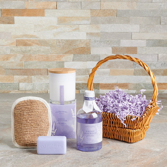 body mitt, candle, bar soap, lavender, bath and body, bath, spa gift set, Spa, lavender spa gift set delivery, delivery lavender spa gift set