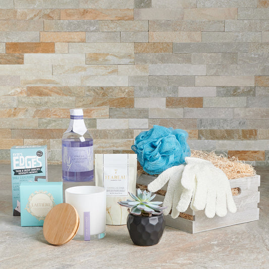 spa gift basket, mom, mother's day, candle, cookies, chocolate, tea, skincare, lavender, bath and body, spa, spa gift basket delivery, delivery spa gift basket