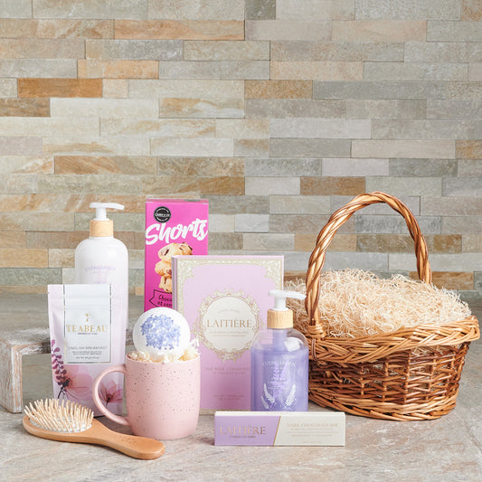 cookies, chocolate, mug , tea, mother's day, lavender, skincare, bath and body, spa, bath and tea gift basket delivery, delivery bath and tea gift basket, bath and body basket 