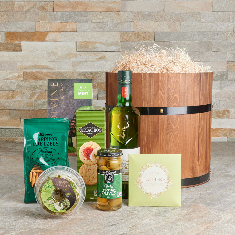 The Emerald Grove Liquor Gift Set, olives,  crackers,  Liquor Gift Basket, Liquor,  Chocolate, liquor gift basket delivery, delivery liquor gift basket