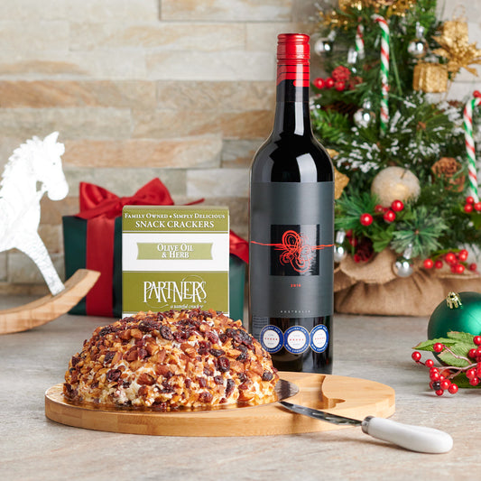 The Holiday Party Platter Gift Set, Wine Gift Baskets, Christmas Gift Baskets, Gourmet Gift Baskets, Xmas Gift Sets, Cheeseball, Wine, Crackers