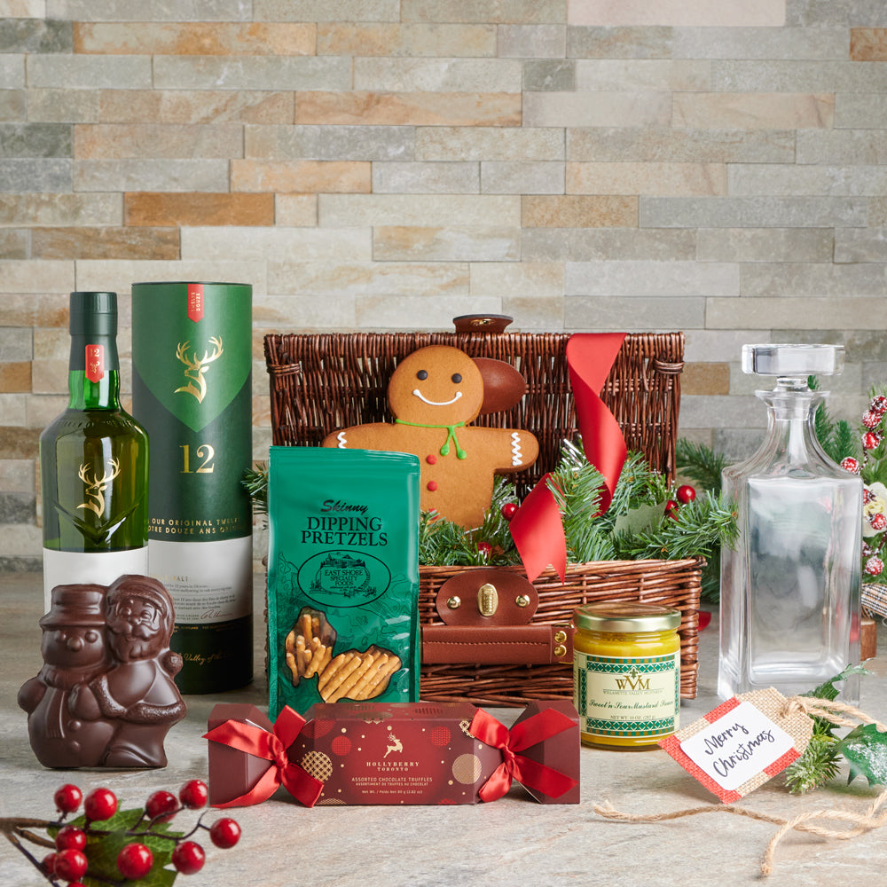 Liquor and Sweets Festive Christmas Basket, Christmas Gift Baskets, Gourmet Gift Baskets, Liquor Gift Baskets, Xmas Gifts, Liquor, Chocolate, Pretzels, Mustard