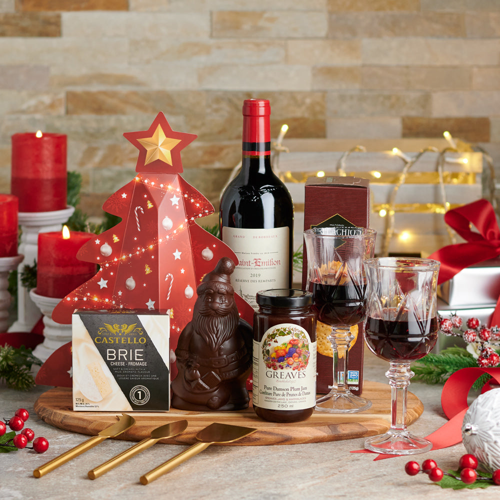 Holiday Wine &amp; Cheese Pairing Gift Set, Christmas Gift Baskets, Wine Gift Baskets, Gourmet Gift Baskets, Chocolate Gift Baskets, Cheese Gift Baskets, Wine, Chocolate Santa, Cheese, Jam, Crackers, Xmas Gifts,